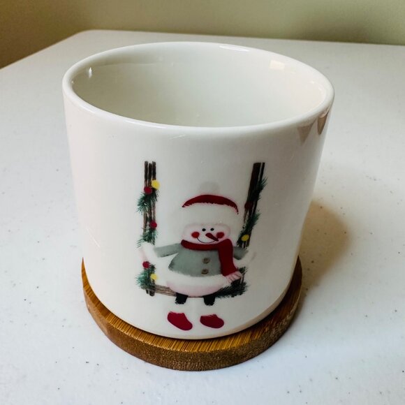 Set Of 3 Christmas Holiday Planters with Bamboo Saucers Santa Reindeer Snowman - Picture 2 of 9